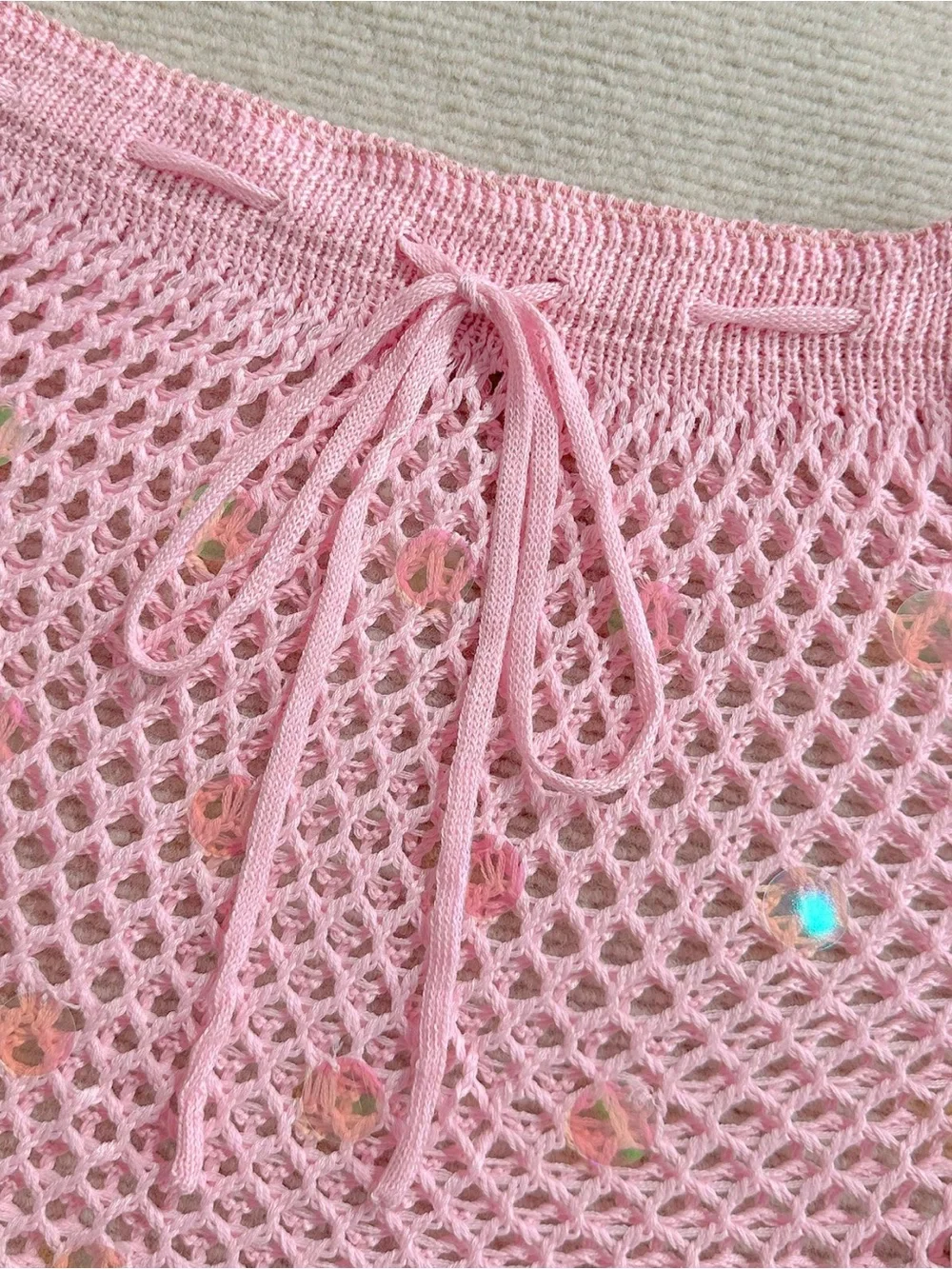 Pink Crochet Two-Piece Set - Cropped Top & Drawstring Skirt